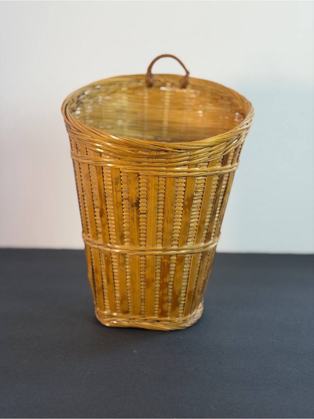 Vintage Hanging Tortoise Shell Woven Bamboo Basket Vintage 10x7in Boho Decor
